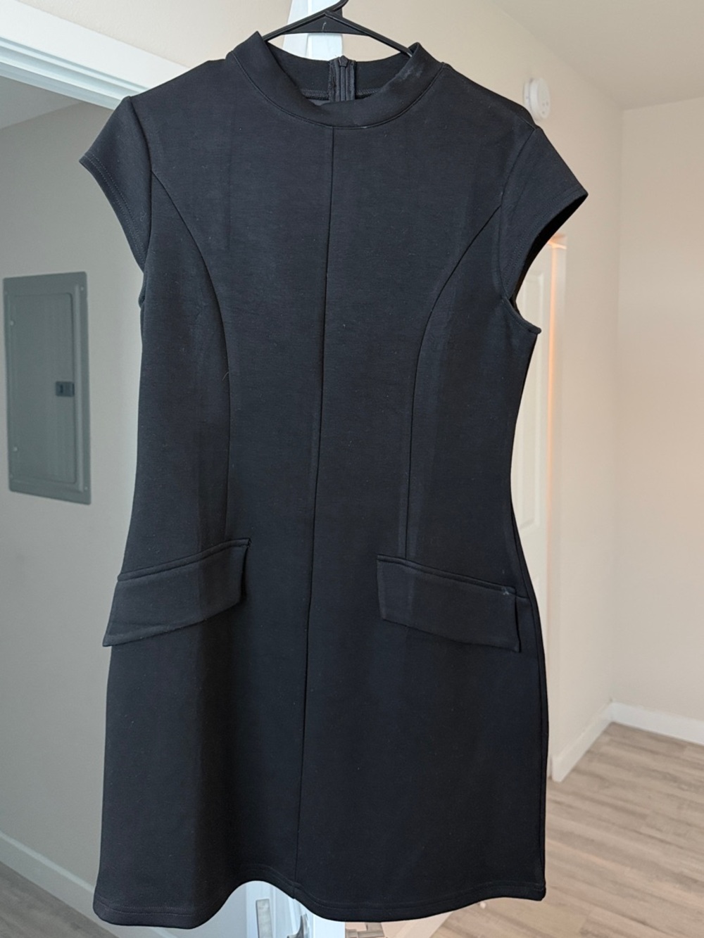 Black Cap-Sleeve Mini Dress with Pocket Flap Detail